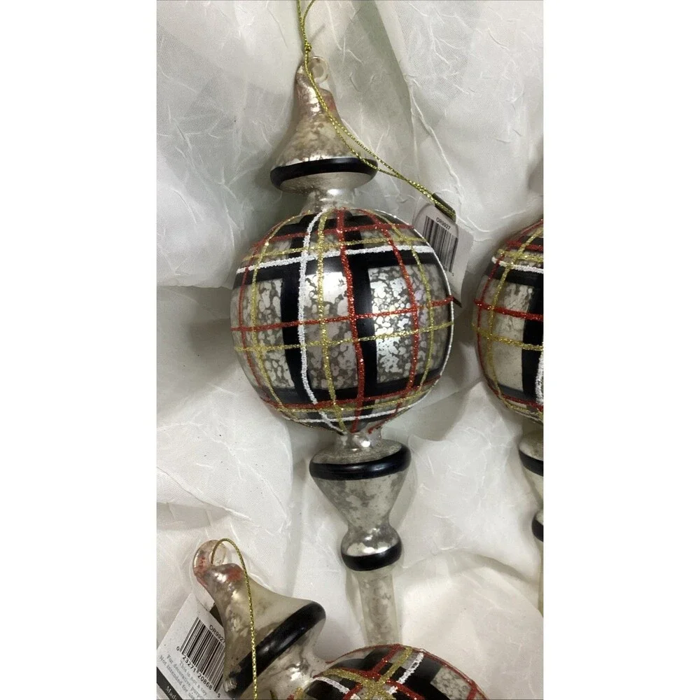 Mercury Glass Finial Christmas Plaid Ornaments X5 Black, Red, Gold & Silver 9